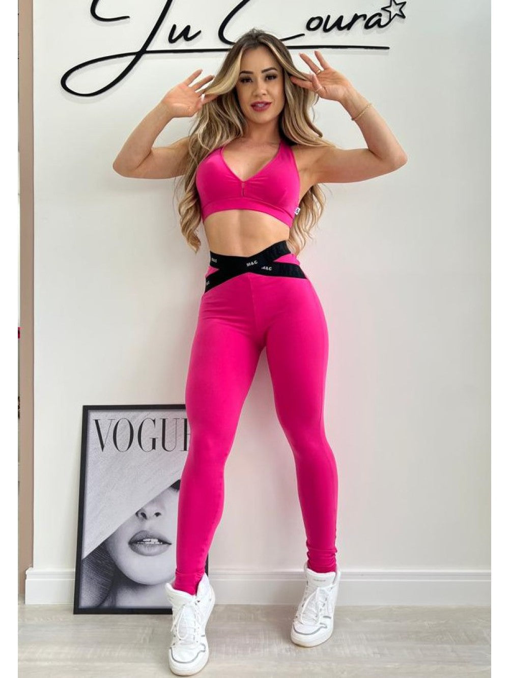 Conjunto Legging Elástico Rosa e Preto